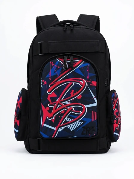 Mochila Zarape de Skate — Negra con Azul y Rojo